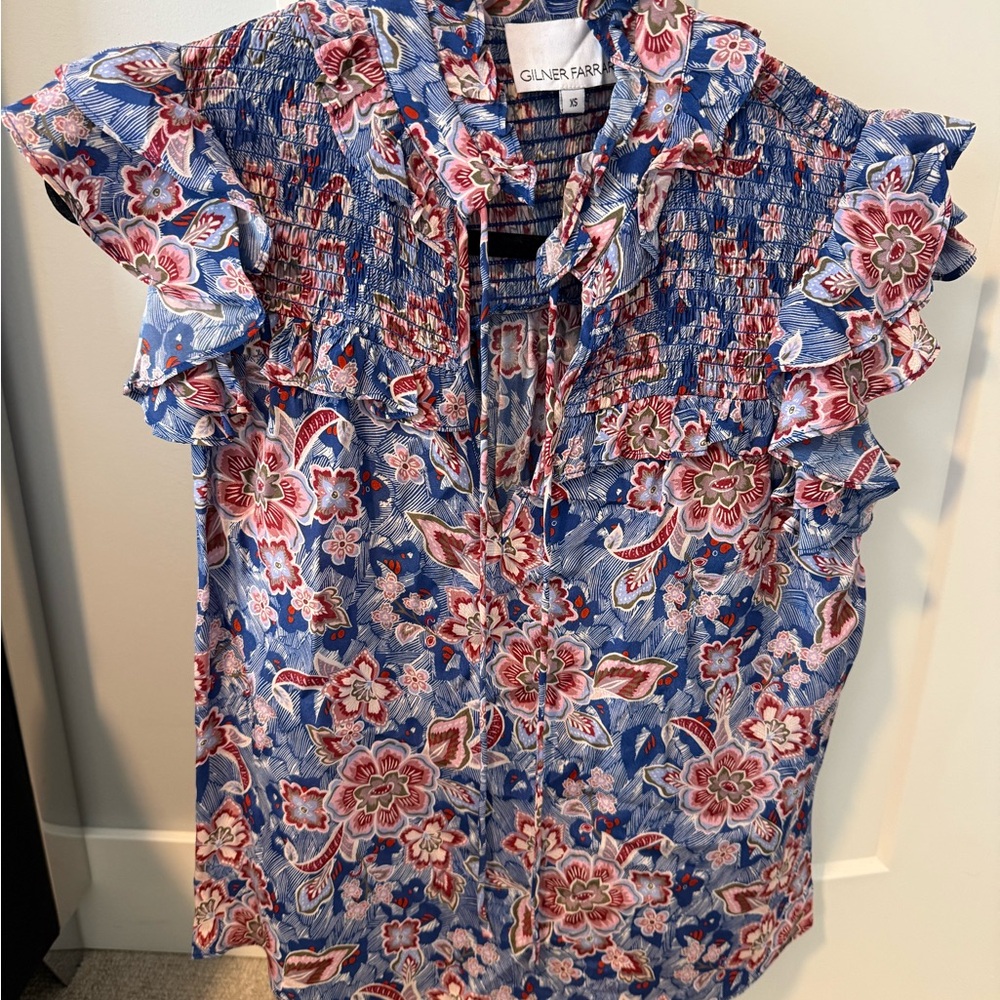 Oliver Paris Floral Ruffle Top - Blue and Pink